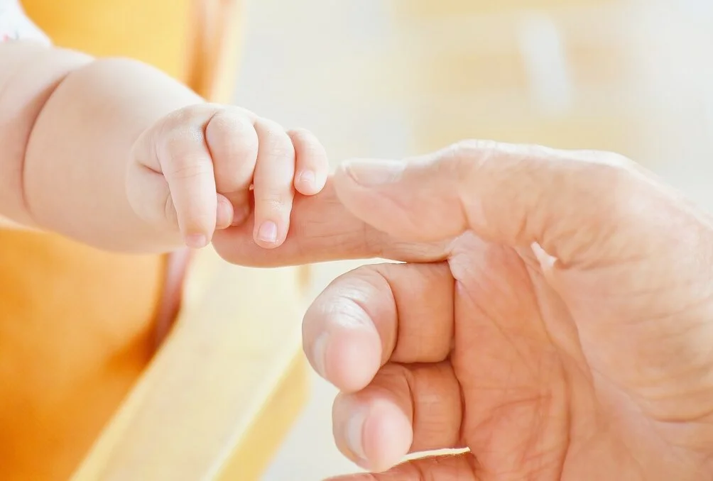 Eine Babyhand und die Hand eines Erwachsenen fassen sich einander an.